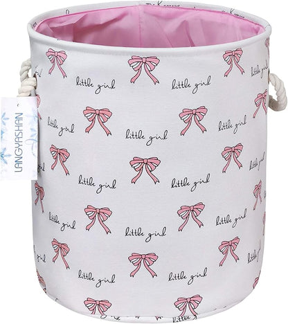 LANGYASHAN Laundry Basket Canvas Collapsible Organizer Storage Basket for Boys Girls Laundry Hamper Toy Bins Gift Baskets Bedroom Clothes Children Nursery (Bowknot)