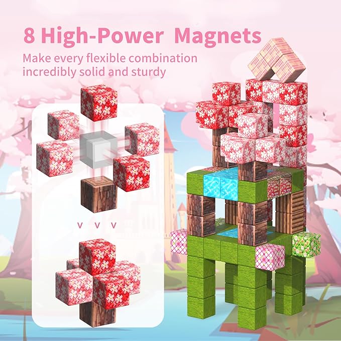 Magnetic Blocks-120PCS Magnets Cubes, Cherry Blossom Magnetic Building Blocks Toddler Magnetic Toys for Age 3-4 5-7 6-8,STEM Sensory Toys Birthday Gifts for 3+ Years Old Boys & Girls
