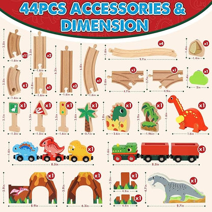 Lehoo Castle Wooden Train Set, Dinosaur Wooden Train Track Set, Wood Toy Train Set for Toddlers 2-4, Train Toys for Toddlers 3-5, Fits Thomas, Fits Brio, Fits Melissa and Doug