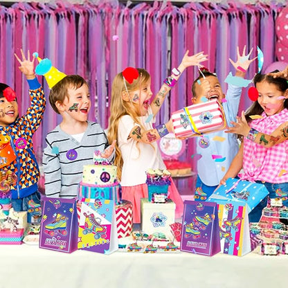 110PCS Roller Skate Party Favors with Slap Bracelets, Stickers, Key Chains, Pin Badges, Tattoos and Gift Bags for Kids Throwback 90s Hip Hop Roller Skating Birthday Party Decorations Supplies