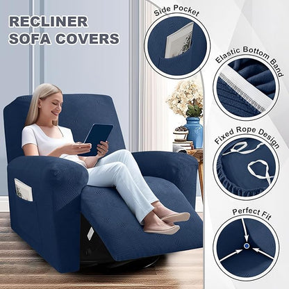 JIVINER Oversized Recliner Chair Covers, 3 Piece Slipcovers for Large Recliner Chair Soft Jacquard Reclining Chair Protector Slipcovers for Dogs,Cats (X-Large, Navy Blue)