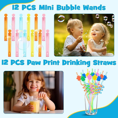 Dog Paw Print Party Favors Set 73PCS Dog Paw Print Party Supplies include Paw Print Drinking Straw, Footprint Stamper, Air Dry Clay ,Slap Bracelet , Footprint Sticker Roll, Gift Bag for Kids