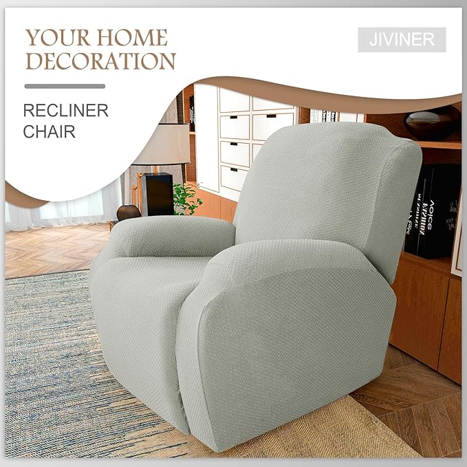 JIVINER 4-Piece Recliner Chair Covers Stretch Jacquard Covers for Recliner Chair Recliner Slipcovers for Living Room Soft Recliner Protector with Pocket (Recliner, Ivory)