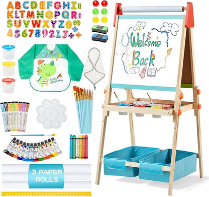 3 in 1 Adjustable Kids Art Drawing Easel Set-Sided Magnetic Whiteboard & Chalkboard with Painting Paper Roll - Versatile Art Station Gift for Toddlers, Kids and Childrens Ages 3+