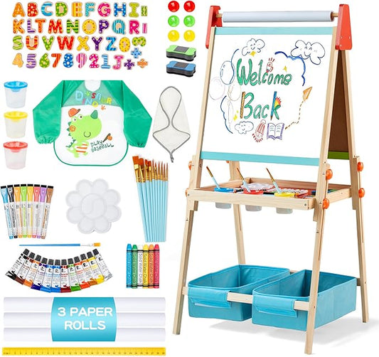 3 in 1 Adjustable Kids Art Drawing Easel Set-Sided Magnetic Whiteboard & Chalkboard with Painting Paper Roll - Versatile Art Station Gift for Toddlers, Kids and Childrens Ages 3+