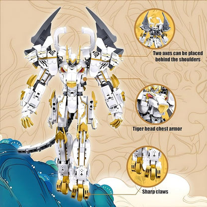 Mech Robot Building Blocks Set for Adults, Flexible Cool White Tiger Warrior Model Kit with Two-Handed Axes Weapon Toy Playset, 679 pcs Creative Mythical Ninja Gifts for Man Boys Ages 12-14