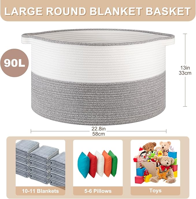 OIASKET Large Blanket Basket with Handles, 22.8" x 22.8" x 13" Woven Storage Basket for Living Room, Cotton Rope Baby Toy Storage for Clothes, Pillows, Towels-Grey and White