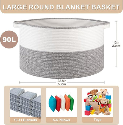 OIASKET Large Blanket Basket with Handles, 22.8" x 22.8" x 13" Woven Storage Basket for Living Room, Cotton Rope Baby Toy Storage for Clothes, Pillows, Towels-Grey and White