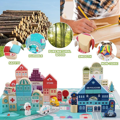 Wooden Building Blocks for Toddlers, Kids City Construction Stacking Creative Toys, Preschool Learning Education Block for Boys Girls Ages 2 3 4 5 (120 pcs)
