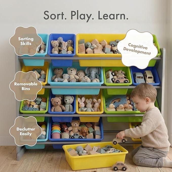 Humble Crew Toy Storage Organizer with 16 Removable Storage Bins for Kids Playroom, 4-Tier Toddler Toy Organization and Storage, Grey/Blue/Green/Yellow