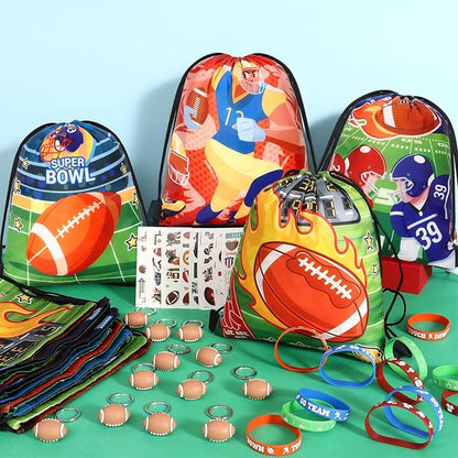 12 Set Football Party Favors Sport Birthday Supplies Drawstring Backpack Silicone Bracelet Keychain Tattoo Sticker Toy Gift Boy Kid Goodie Bag Stuffers Classroom Reward Football Party Supplies