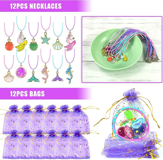90 PCS Mermaid Party Favors for Girls Mermaid Birthday Supplies Bracelets Stampers Necklaces Rings Keychains Tattoo Stickers Post-it Notes Goodie Bags for Mermaid Birthday Party Supplies (Mermaid)