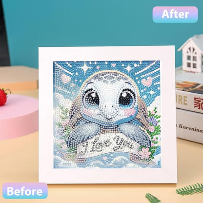 hkejoi Turtle Diamond Art Painting Kits for Kids with Frame, Cartoon Diamond Art for Kids Ages 4-6-8-12, Easy Kids Gem Art Kit with Cartoon Box for Home Wall Decor 7x7inch