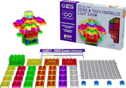 E-Blox Building Blocks STEM Circuit Kit, Build Your Own Sound & Touch Controlled Light Show, LED Lights Fade in & Out, Reacts to Voice & Music, Science, Birthday Gift, Boys, Girls, 5+