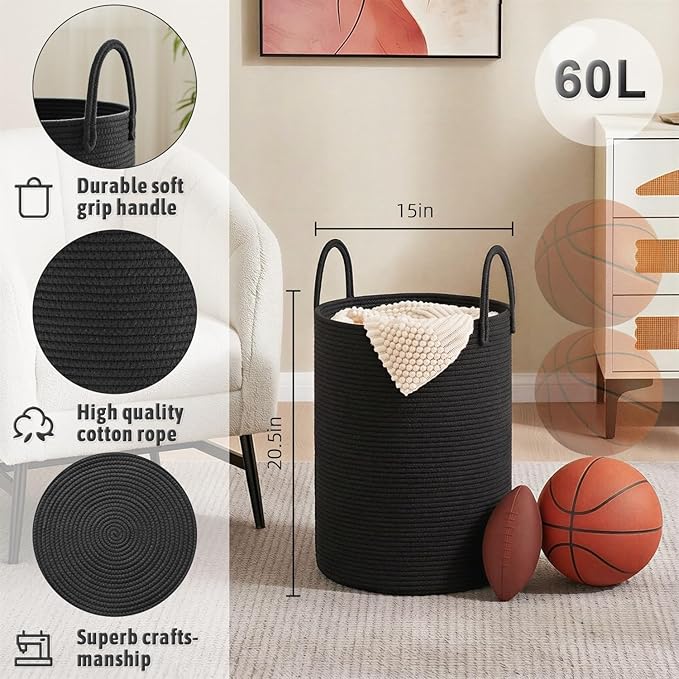 Artfeel Laundry Basket,Woven Cotton Rope Laundry Hamper,60L for Decorative Storage of Dirty Clothes,Toys and Blankets in Bathroom,Baby Room and Living Room