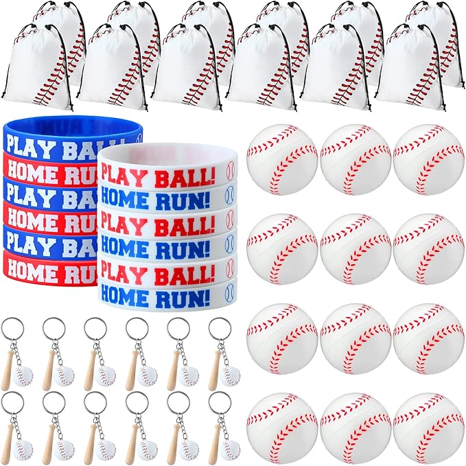 Nuogo 48 Pcs Baseball Party Favors Supplies Include 12 Pcs Baseball Party Bags 12 Pcs Baseball Bracelets 12 Pcs Baseball Stress Balls 12 pcs Mini Baseball Keychain Birthday Sport Party