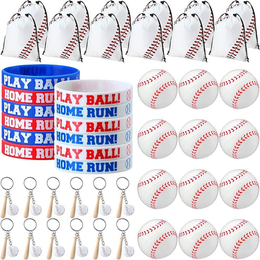 Nuogo 48 Pcs Baseball Party Favors Supplies Include 12 Pcs Baseball Party Bags 12 Pcs Baseball Bracelets 12 Pcs Baseball Stress Balls 12 pcs Mini Baseball Keychain Birthday Sport Party