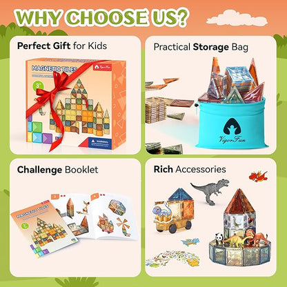 VigorFun Magnetic Tiles Set, Magnet Tiles Building Blocks with Car Animal Models and Stickers, Construction Educational STEM Sensory Toys Gifts for 3 4 5 6 7 8 + Year Old Kids Toddlers Boys Girls