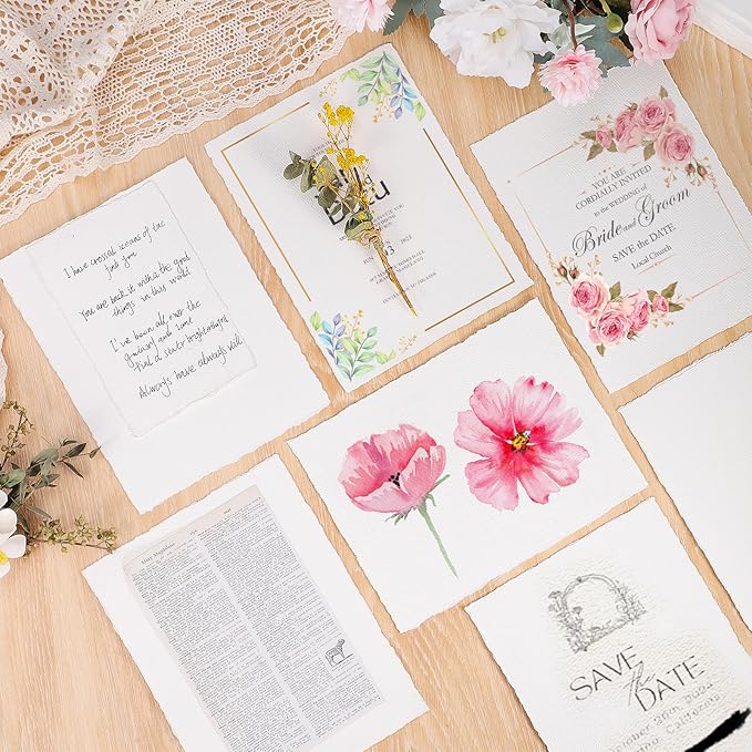 50 Sheets Watercolor Paper 6 x 8inch, 300 GSM Deckled Edge Paper Rough/Textured Handmade Paper Cotton Paper for Watercolors, Wedding Invitations, Cards, Crafts