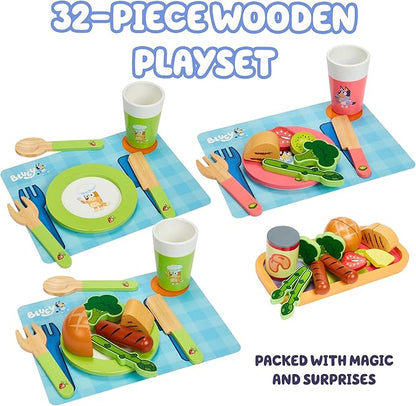Bluey Toy Fruits and Vegetables for Toddlers, 32-Piece Pretend Food with Plates, Utensils, Baby Play Food & Wooden Toy Fun