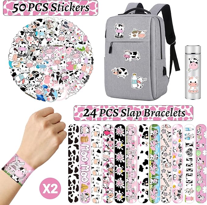 74 PCS Cow Party Favors Include 24 Pcs Cow Print Slap Bracelet 50 Pcs Cow Stickers Pack Cow Print Stuff Cute Cow Birthday Party Decorations Supplies for Kids Girls Boys Gifts Classroom Prizes