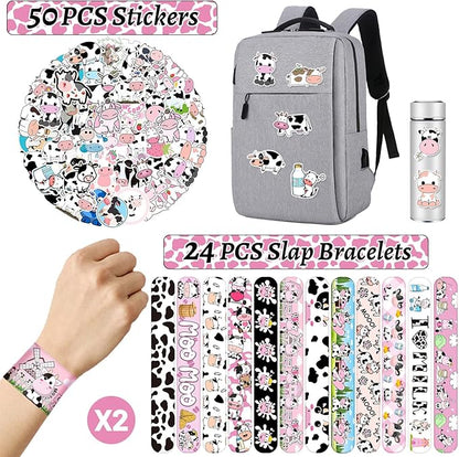 74 PCS Cow Party Favors Include 24 Pcs Cow Print Slap Bracelet 50 Pcs Cow Stickers Pack Cow Print Stuff Cute Cow Birthday Party Decorations Supplies for Kids Girls Boys Gifts Classroom Prizes