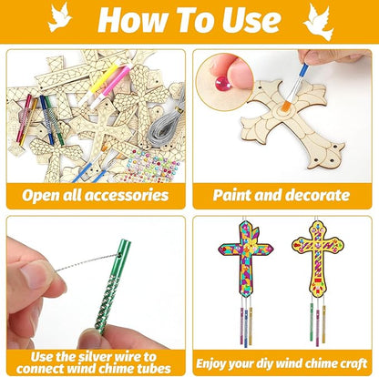 gisgfim Easter 16 Pack Cross Wind Chime Crafts Kits for Kids Make Your Own Sunday School Craft Christian Crafts Wooden DIY Arts for Party School Classroom Decorations Supplies Birthday Favors