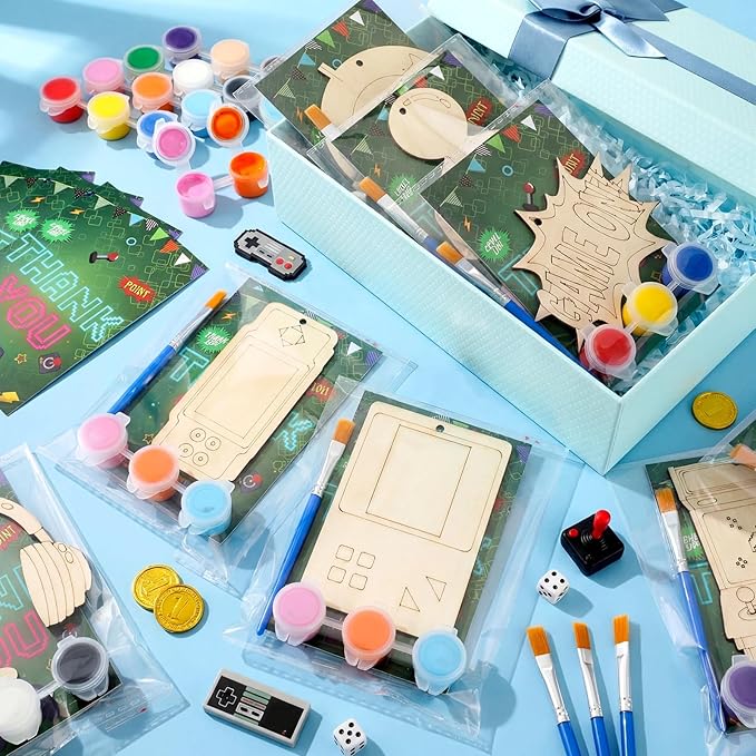 Saypacck 24 Pcs Video Game Party Favors Wooden Craft Kits Video Game Painting Craft Wooden Gaming Party Favor with Organza Bag for Birthday Goodie Bags Fillers Gifts