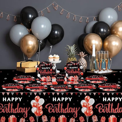 Red and Black Birthday Party Supplies Confetti Sprinkles Happy Birthday Party Tableware Includes Party Plates Napkins Fork and Red and Black Tablecloth for Birthday Parties Decorations Set Serve 20