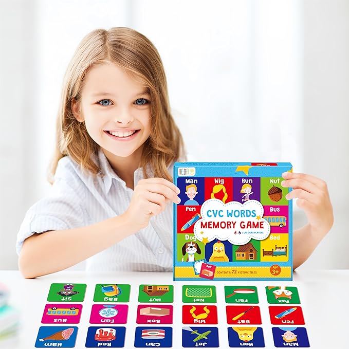 Hebayy CVC Word Matching Game, 72 PCS CVC Words Memory Matching Cards for Toddlers 36 Pairs Memory Cards Educational Toys for Preschool Boys & Girls 4 5 6 Years Old