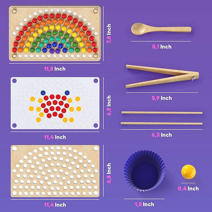 Toddler Wooden Learning Montessori Toys – Wooden peg Board Bead Game Baby Rainbow Stacking Matching Counting Color Sorting Games for fine Motor Math Skills Boys and Girls for 3 4 5 Years Old