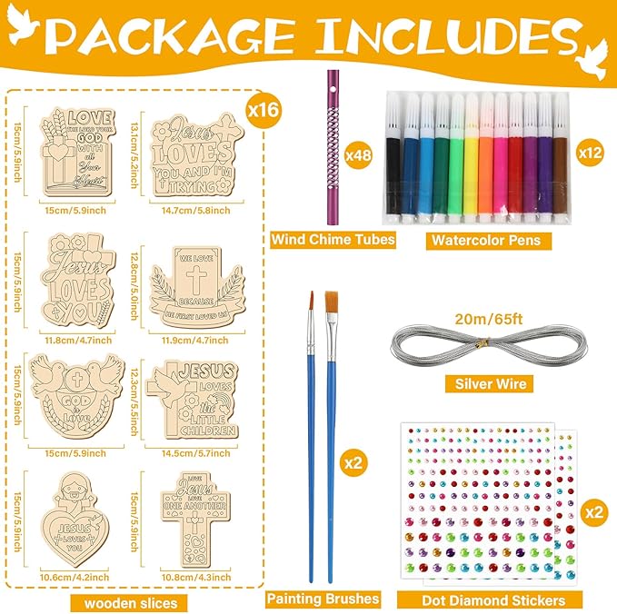 gisgfim 16 Pack Jesus Loves Me Crafts for Kids Wooden Religious Wind Chime Crafts Kits Make Your Own Christian Crafts Wooden DIY Arts for Party School Classroom Decorations Supplies Birthday Favors