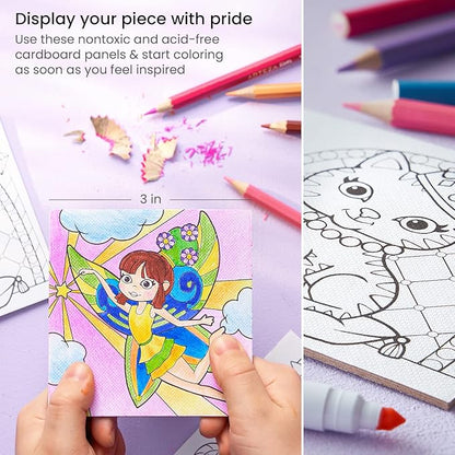 Arteza Kids Fantasy Coloring Kit, 3 Canvases 4 x 4 Inches, 10 Markers, 16 Watercolor Pencils, 1 Paint Brush, 1 Sharpener, Art Set for Kids Activities