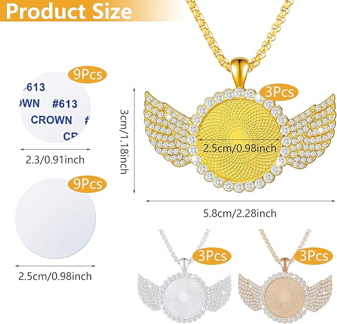 9 Pieces Sublimation Blank Necklace with Chain Set Blank Necklace Rhinestone Wing Shape Bezel Pendant Tray, 25 mm Sublimation Sheet, Double Sided Tape for DIY (Round Shape Style)