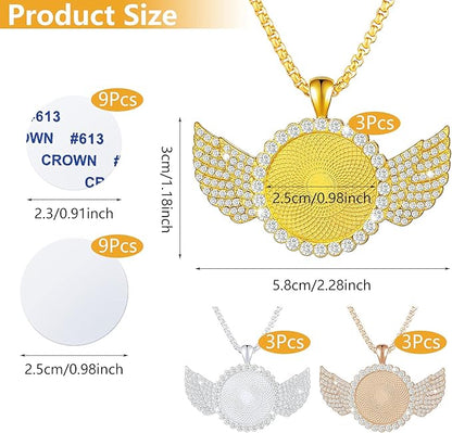 9 Pieces Sublimation Blank Necklace with Chain Set Blank Necklace Rhinestone Wing Shape Bezel Pendant Tray, 25 mm Sublimation Sheet, Double Sided Tape for DIY (Round Shape Style)