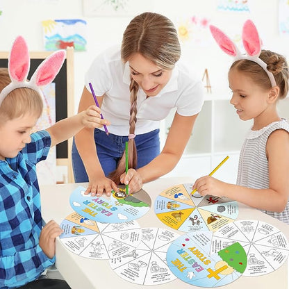COcnny 24 Sets The Easter Story Craft, Color Your Own Easter Jesus Wheel for Kids, Religious Bible Coloring Cards DIY Crafts Art Game for Sunday School Christian Classroom Home Activities VBS Supplies