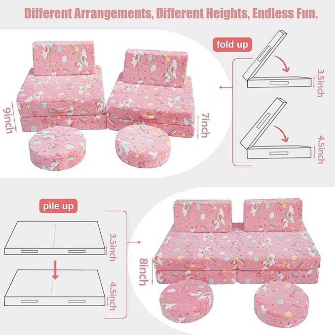 MeMoreCool Modular Pink Unicorn Glow-in-The-Dark Kids Play Couch, 8-Piece Convertible Toddler Sofa for Playroom