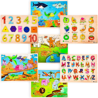 7 Pack Wooden Puzzles for Toddlers 2 3 4 5 Years Old - 7 Colorful Chunky Wood Peg Puzzles for Kids Ages 2-5, Alphabet Shape Numbers Fruits Sea Animals Dinosaur Zoo - Educational Toddler Learning Toys
