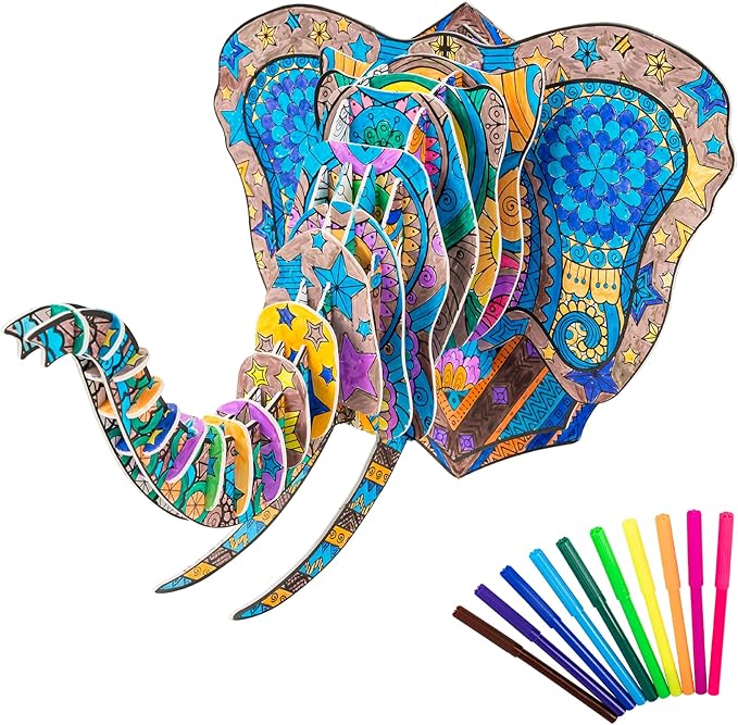 Hautton 3D Coloring Puzzle, Creative DIY Painting Puzzle Set Toy with 10 Coloring Pens, Fun Arts Crafts Gift for Kids Age 3 4 5 6 7 8 9 10 11 12 -Elephant