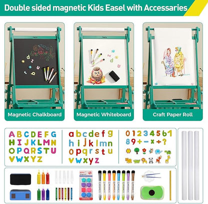 FUNLIO Foldable Anti-Warping Kids Art Easel, 3 Height Adjustable Toddler Easel, All-in-One for Kids Aged 3-8 with Paper Roll, Standing Easel with Magnetic Chalkboard/Whiteboard - Viridian Foldable