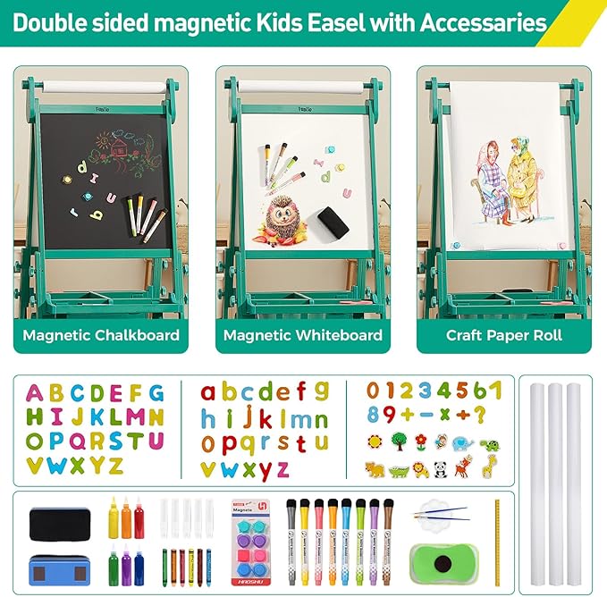 FUNLIO Foldable Anti-Warping Kids Art Easel, 3 Height Adjustable Toddler Easel, All-in-One for Kids Aged 3-8 with Paper Roll, Standing Easel with Magnetic Chalkboard/Whiteboard - Viridian Foldable
