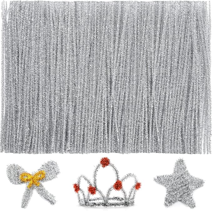 IOOLEEM 200pcs Silver Glitter Pipe Cleaners, Glitter Chenille Stems, Pipe Cleaners for Crafts, Pipe Cleaner Crafts, Art and Craft Supplies, Christmas Pipe Cleaners.