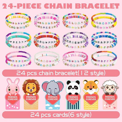 Valentines Day Gifts for Kids Classroom, 24 Pack Valentines Friendship Bracelets for Kids with Valentines Day Gift Cards Classroom Prizes Exchange Gift for Kids School Party Favors
