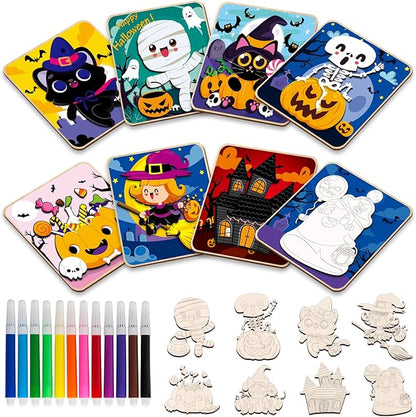 8 Pack Halloween Wooden Puzzles for Toddlers Halloween Puzzles Coloring Craft Kits for Kids Boys Girls Montessori Toys Halloween Party Favors Treat Bag Gifts Educational Learning Jigsaw Puzzle