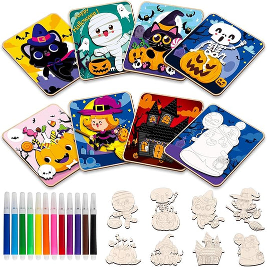 8 Pack Halloween Wooden Puzzles for Toddlers Halloween Puzzles Coloring Craft Kits for Kids Boys Girls Montessori Toys Halloween Party Favors Treat Bag Gifts Educational Learning Jigsaw Puzzle