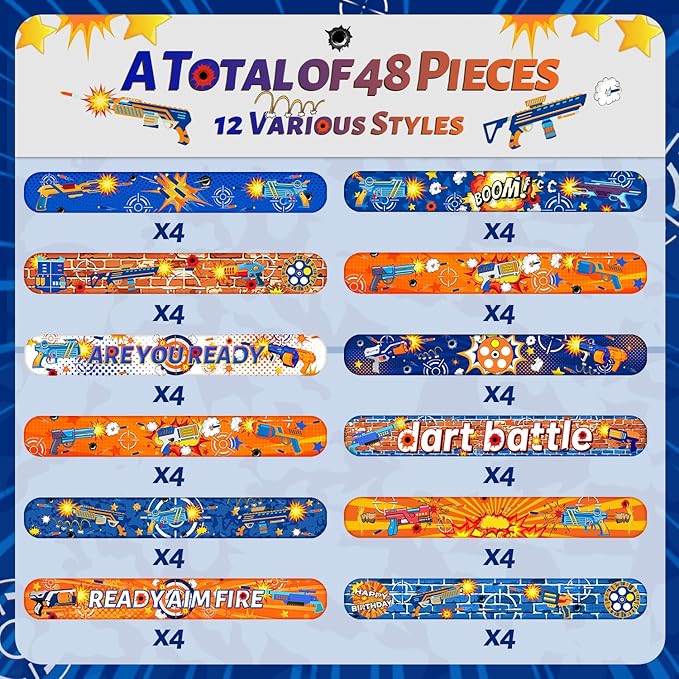 48PCS Dart War Party Favors Slap Bracelets, Dart Battle Wristbands Bracelets Goodie Bag Fillers for Dart War Gun Birthday Decorations Supplies for Kids Boys and Girls