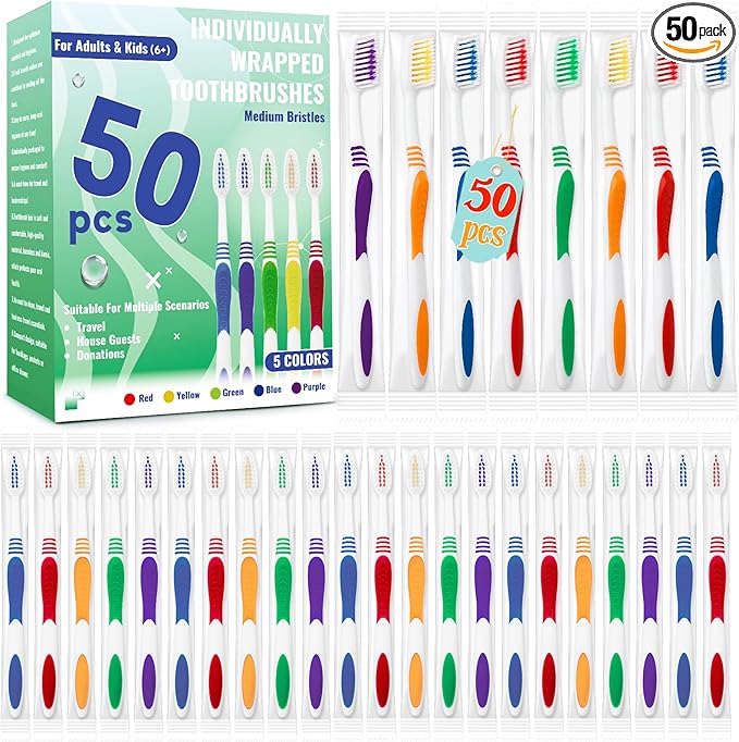 50 Pcs Toothbrush Bulk Disposable, Travel Toothbrushes Pack, Soft Bristle Individually Wrapped and Good Cleaning for Kids, Adult and The Elderly. Suitable for Hotel, Travel, Home, Donated