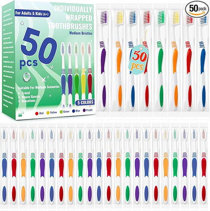 50 Pcs Toothbrush Bulk Disposable, Travel Toothbrushes Pack, Soft Bristle Individually Wrapped and Good Cleaning for Kids, Adult and The Elderly. Suitable for Hotel, Travel, Home, Donated