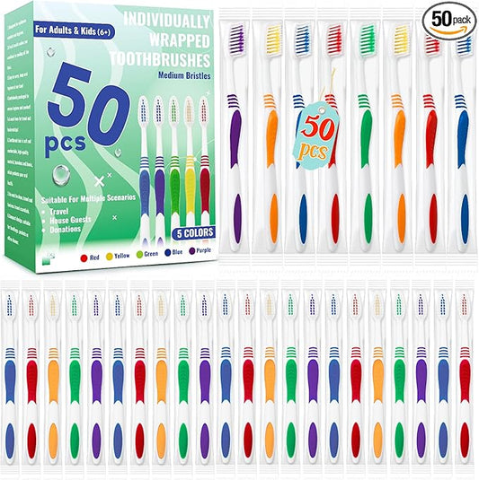 50 Pcs Toothbrush Bulk Disposable, Travel Toothbrushes Pack, Soft Bristle Individually Wrapped and Good Cleaning for Kids, Adult and The Elderly. Suitable for Hotel, Travel, Home, Donated