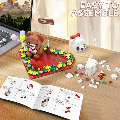 BlockPro Valentine's Day Brown and White Bear Building Set with Rose Bouquet, Love Heart Frame Ornament Building Blocks Set, Valentine's Day Gift for Adults Kids (400PCS)